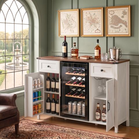 Farmhouse Coffee Bar Cabinet with Fridge Space