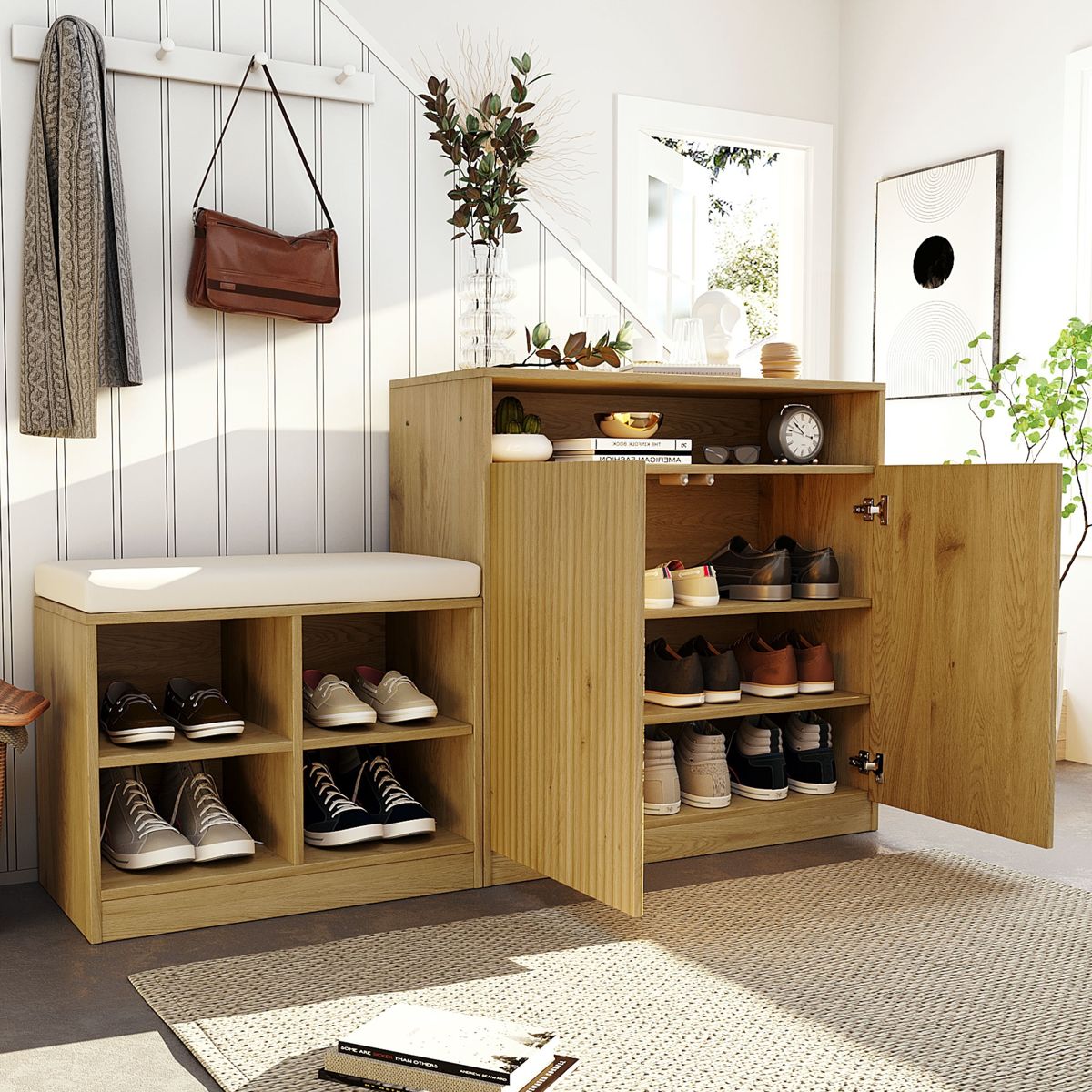 Entryway Shoe Cabinet with Bench and Hooks — view 2