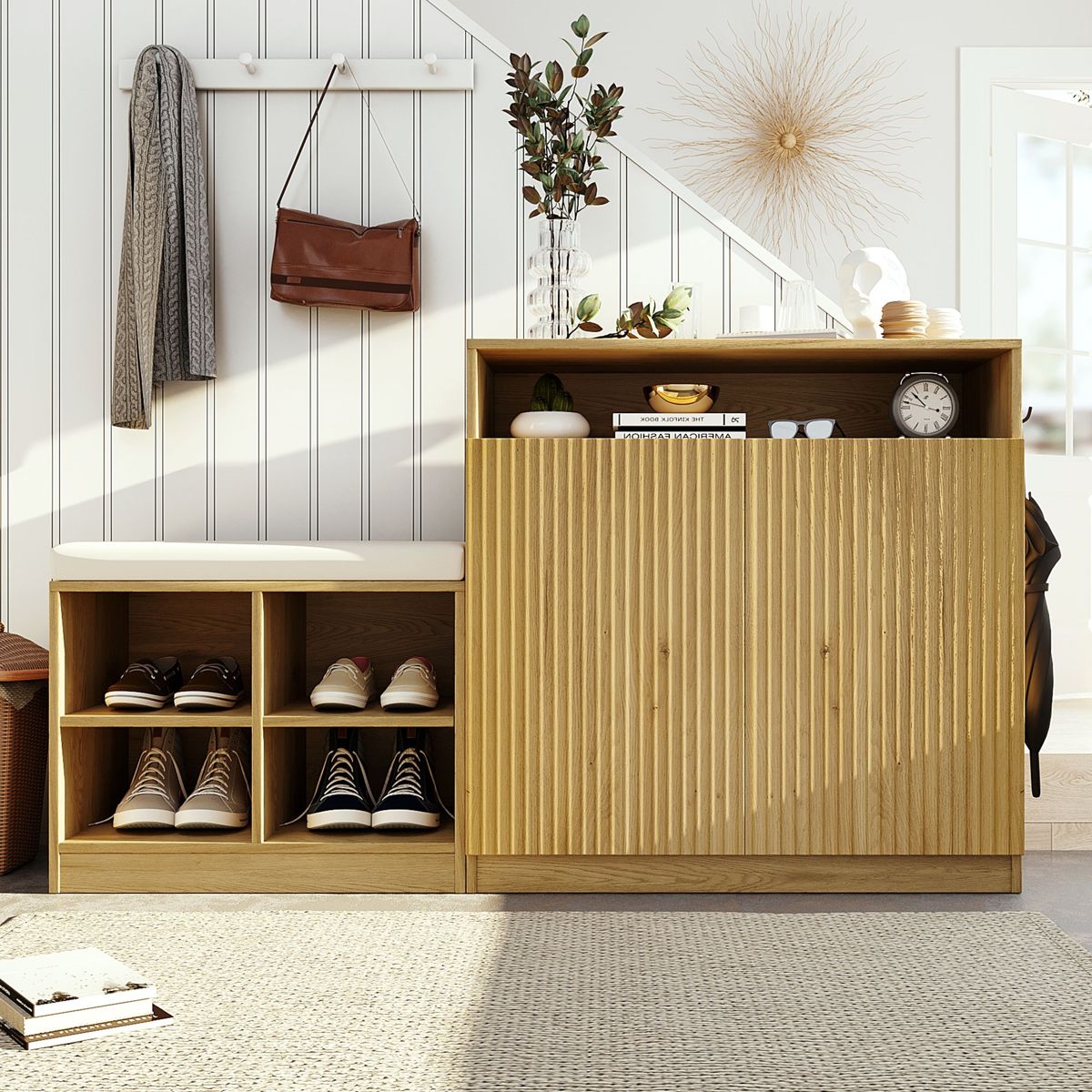 Entryway Shoe Cabinet with Bench and Hooks