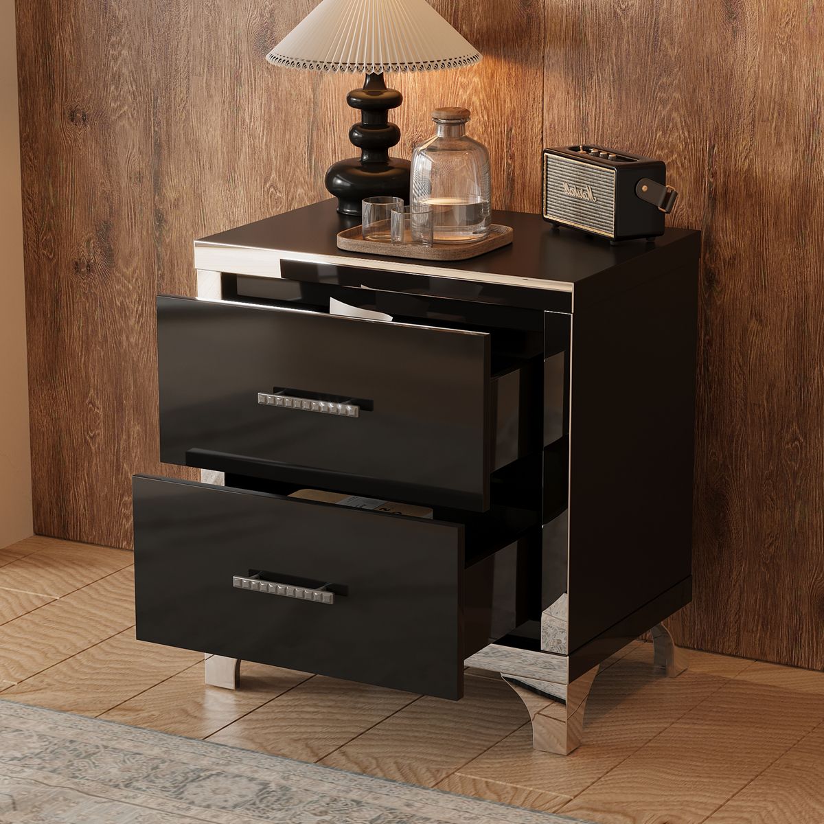 High-Gloss Two-Drawer Mirrored Nightstand — view 2