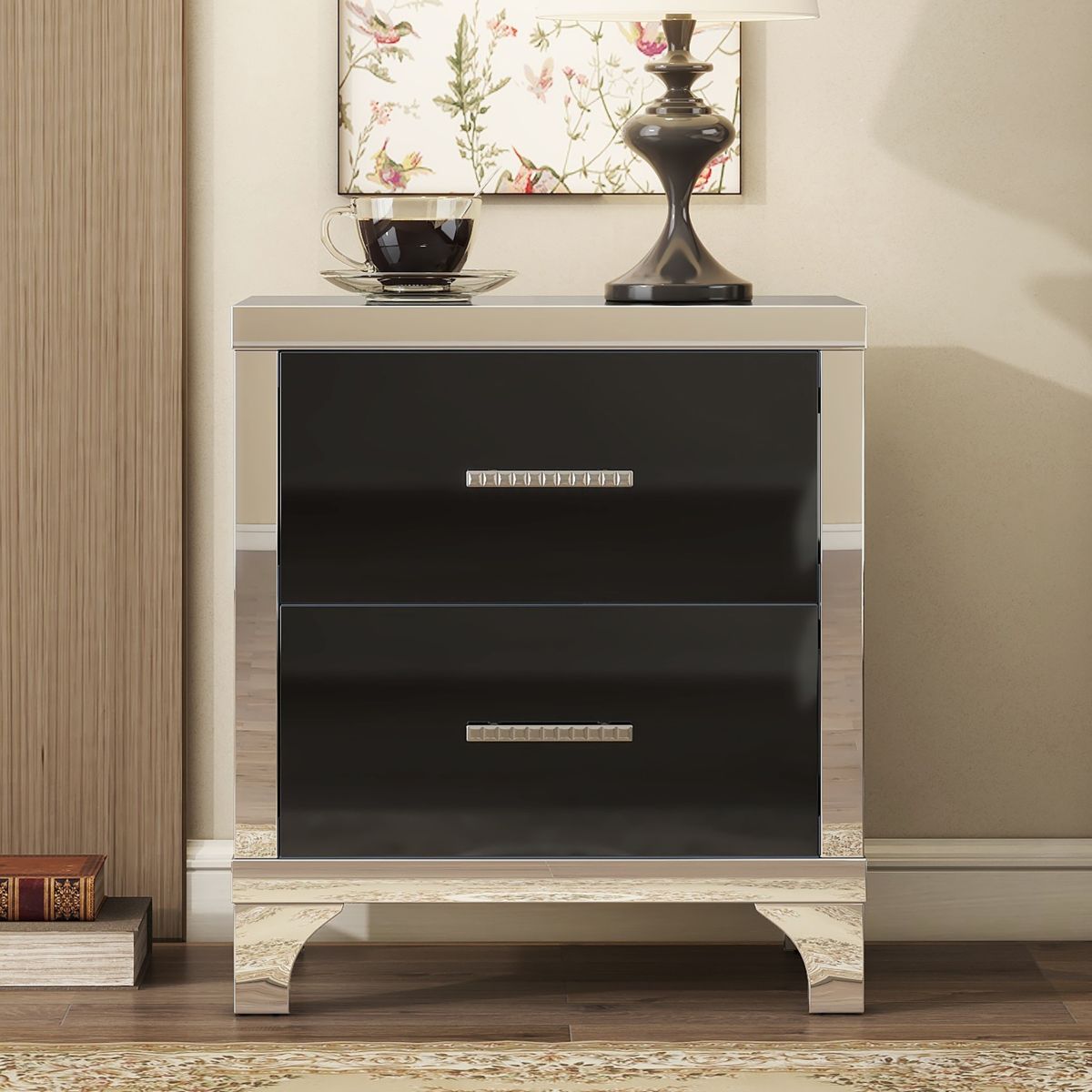 High-Gloss Two-Drawer Mirrored Nightstand — view 4
