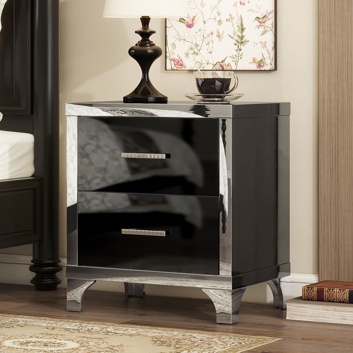 High-Gloss Two-Drawer Mirrored Nightstand