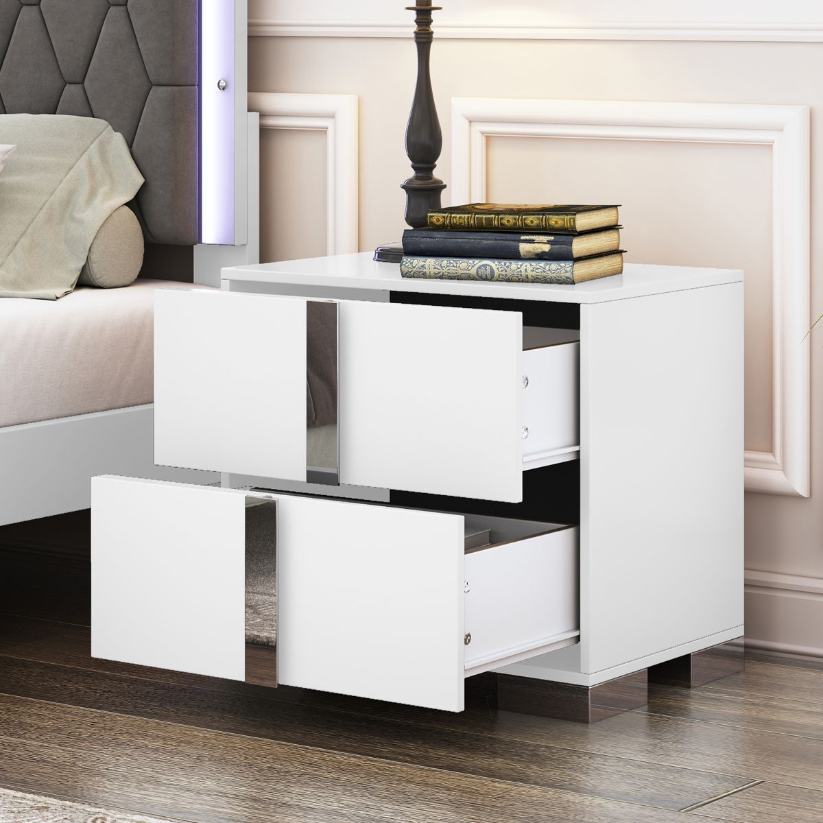 Two-Drawer Mirrored Nightstand with Metal Feet — view 2