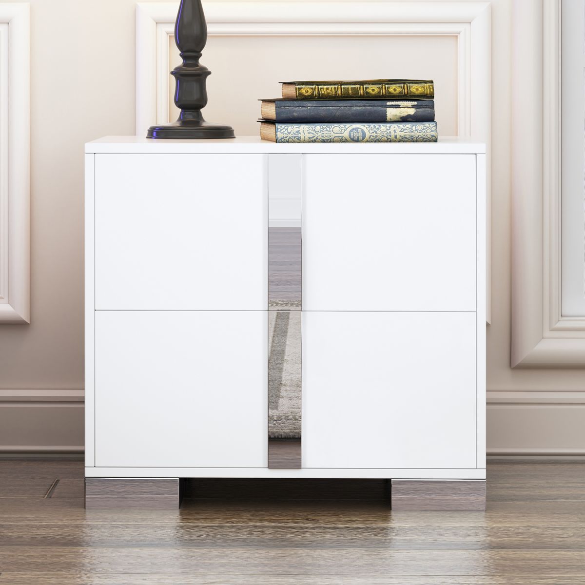 Two-Drawer Mirrored Nightstand with Metal Feet