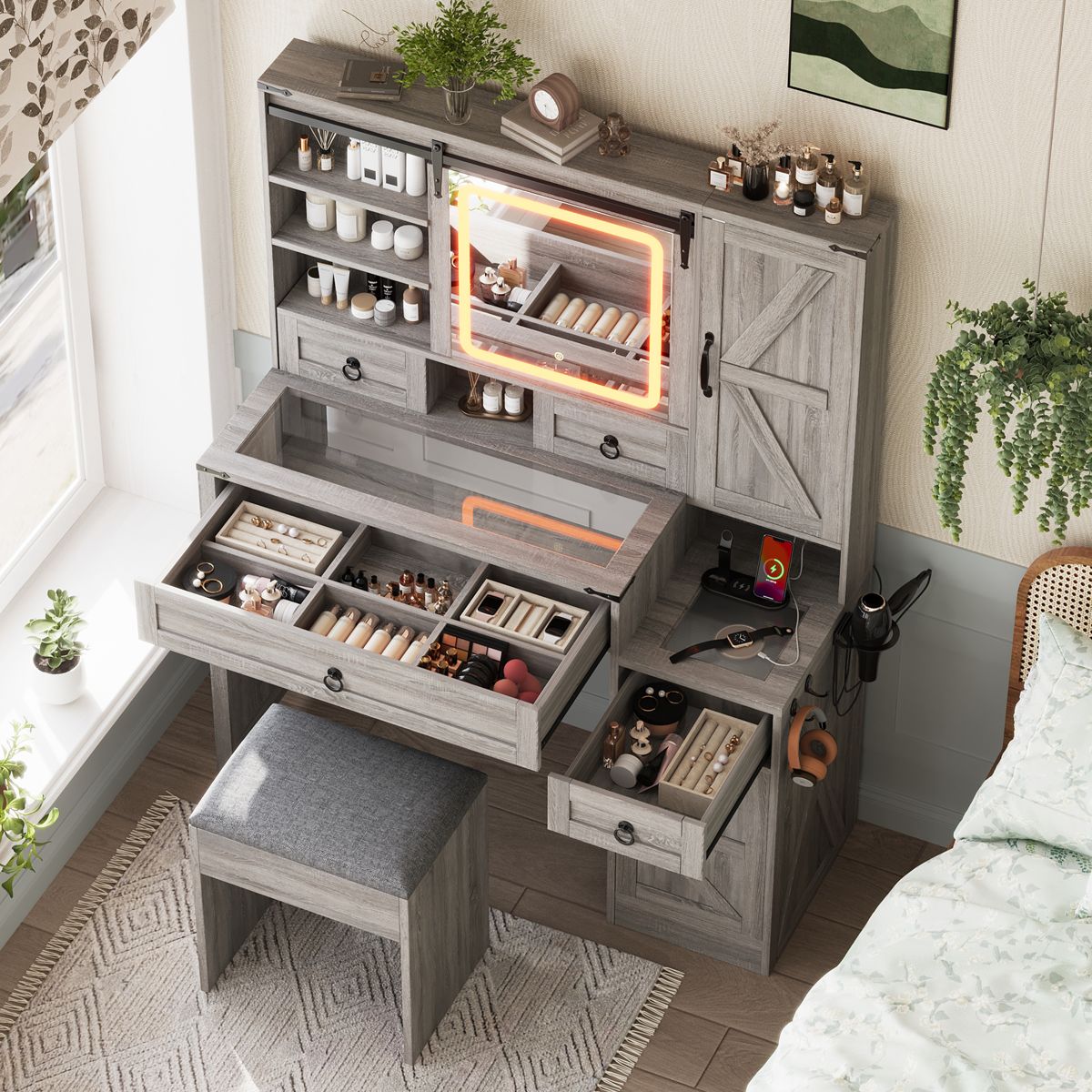 Farmhouse Vanity Desk with Sliding LED Mirror — view 2