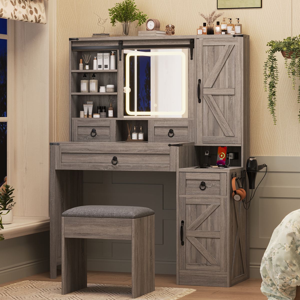 Farmhouse Vanity Desk with Sliding LED Mirror — view 3