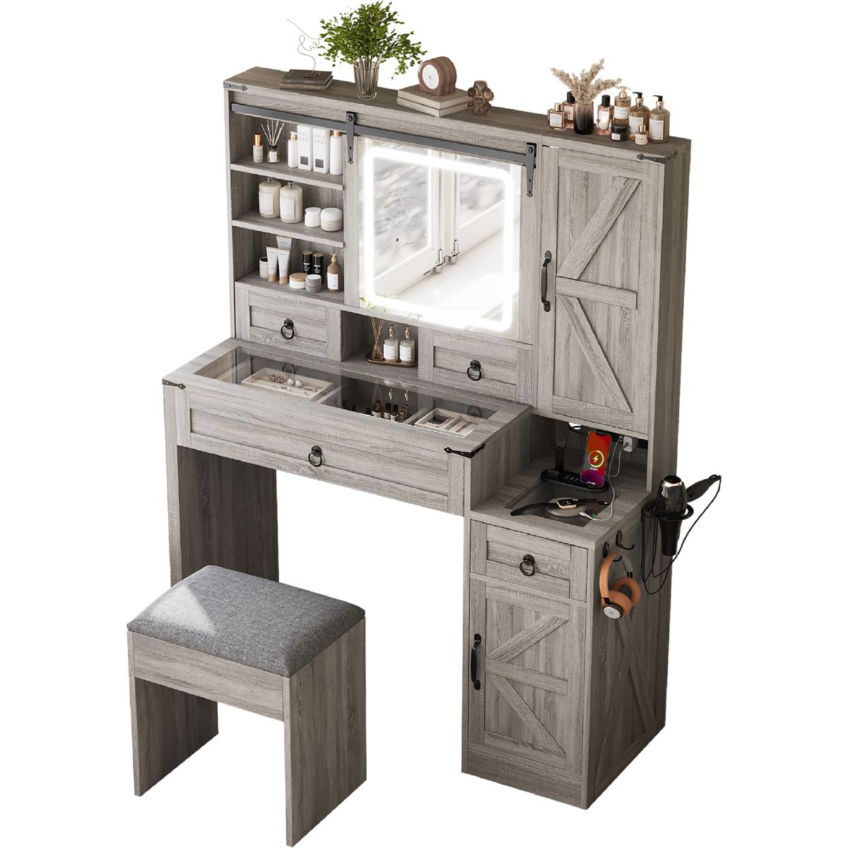 Farmhouse Vanity Desk with Sliding LED Mirror — view 4