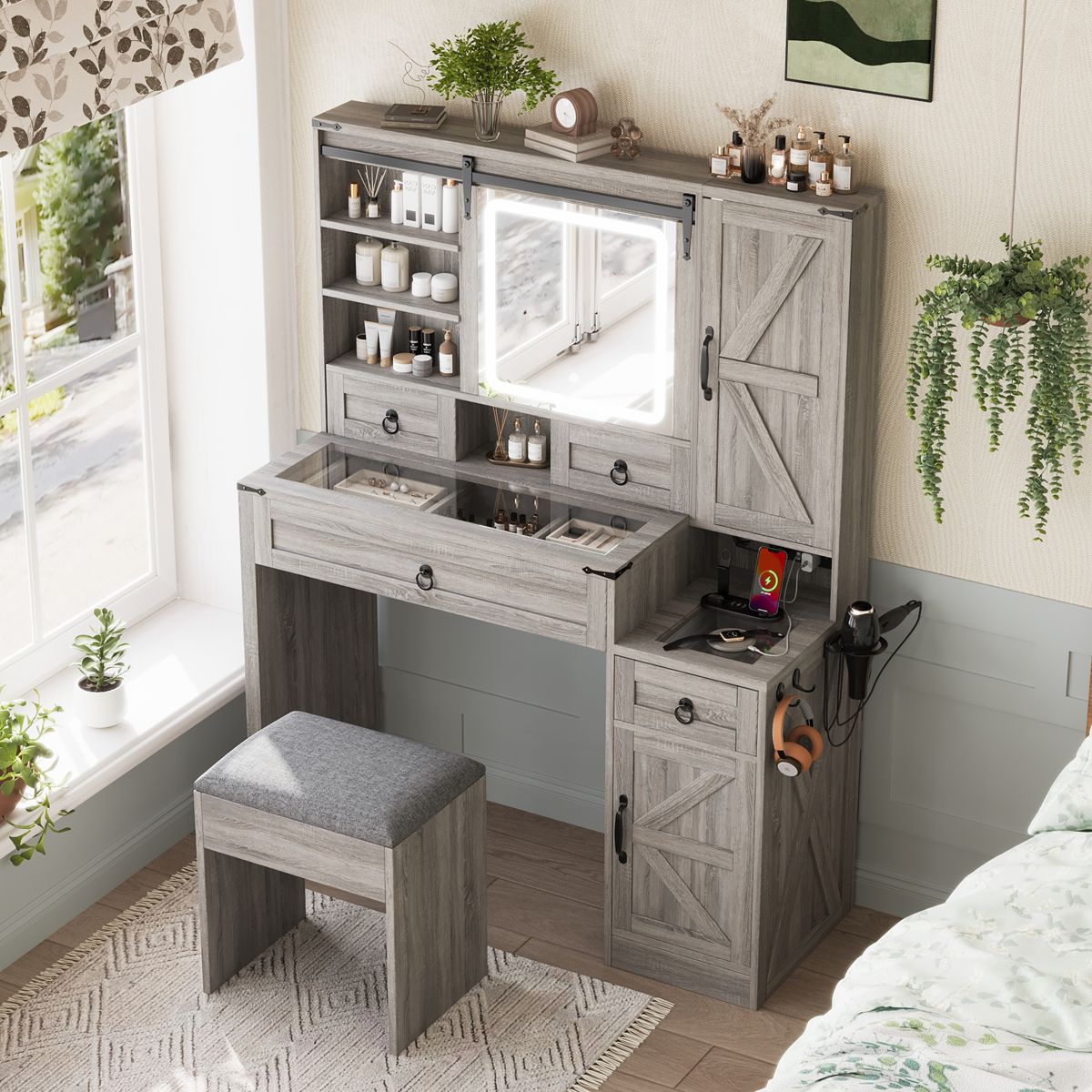 Farmhouse Vanity Desk with Sliding LED Mirror