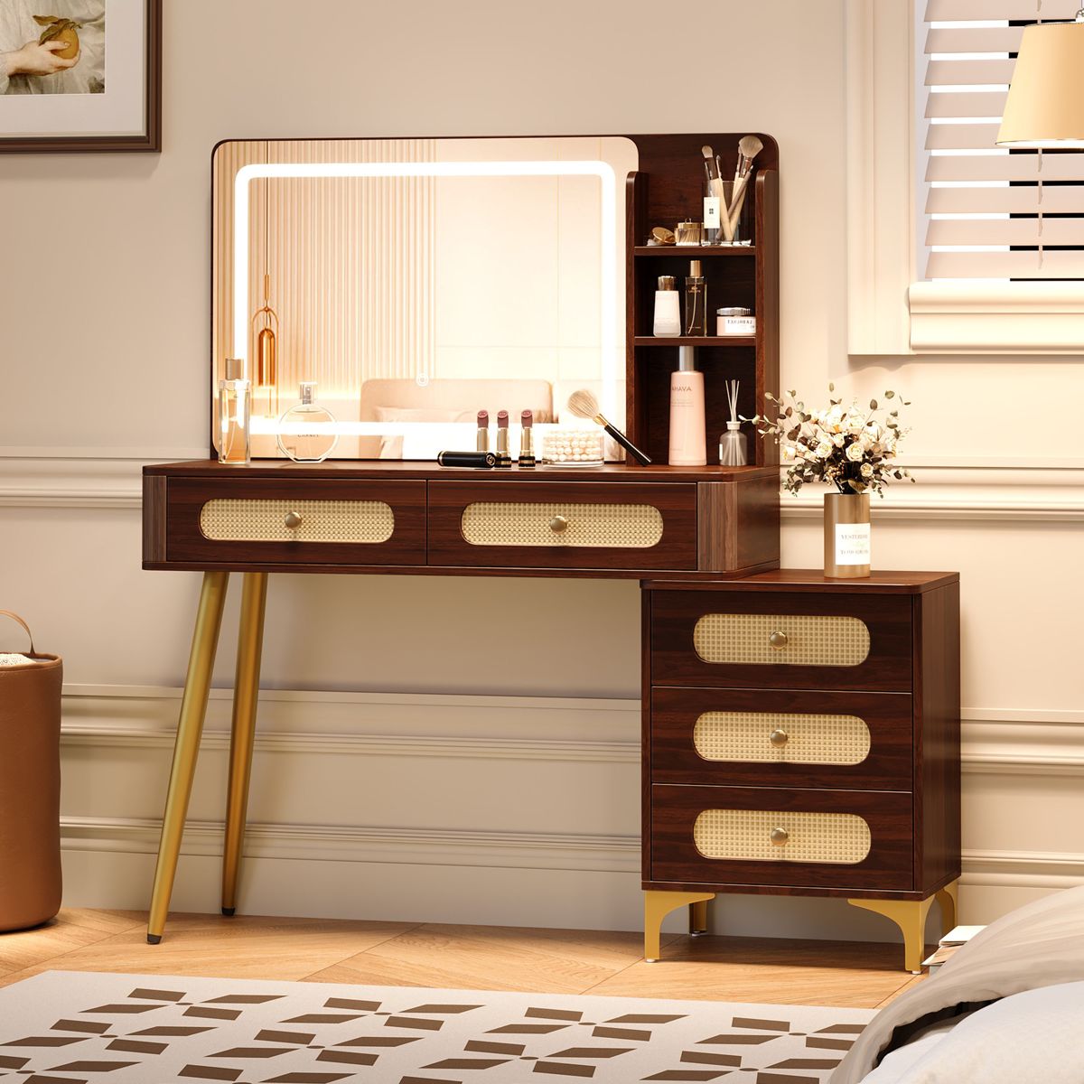 47-Inch Rattan-Front Vanity with 5 Drawers