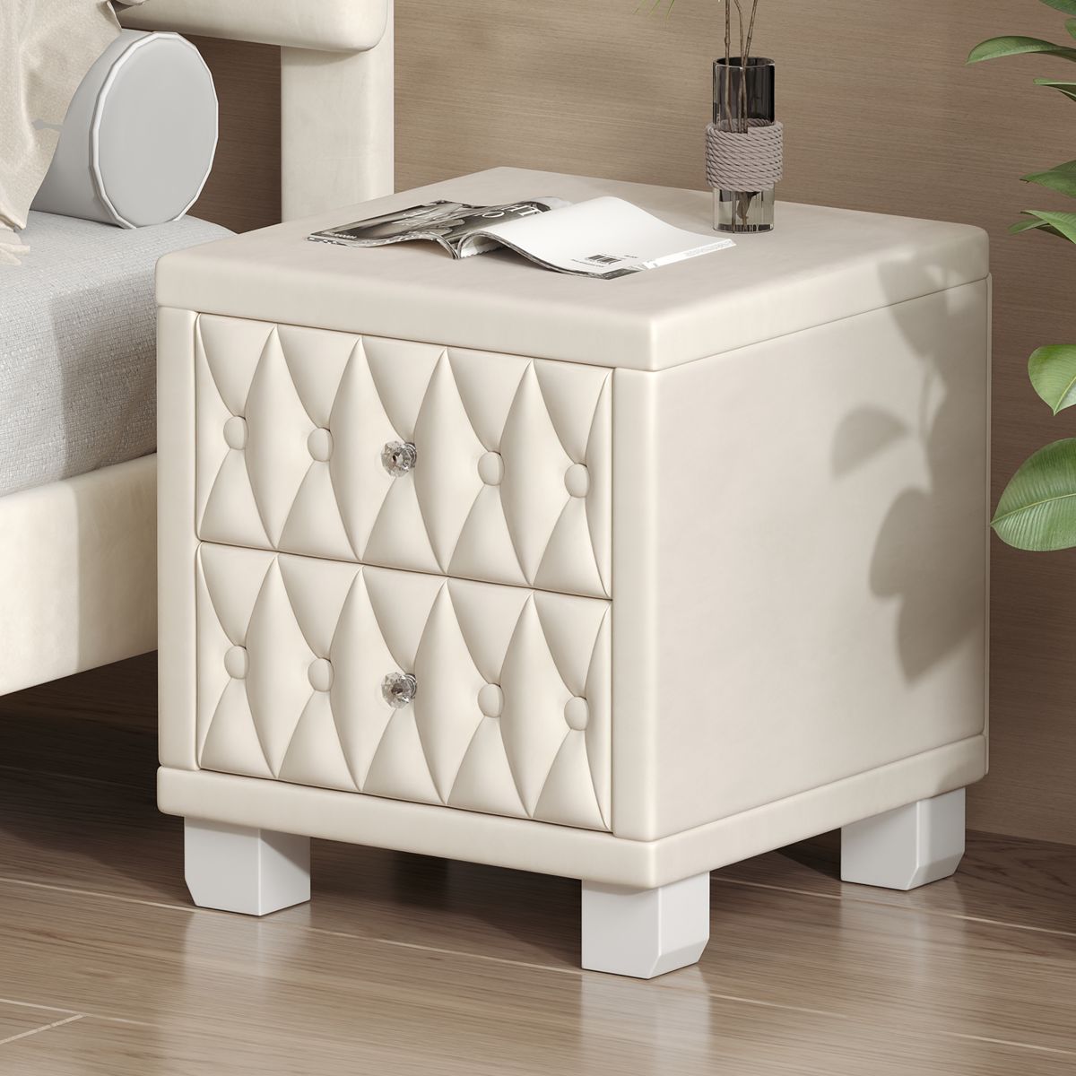 Tufted Velvet Nightstand with Crystal Handles