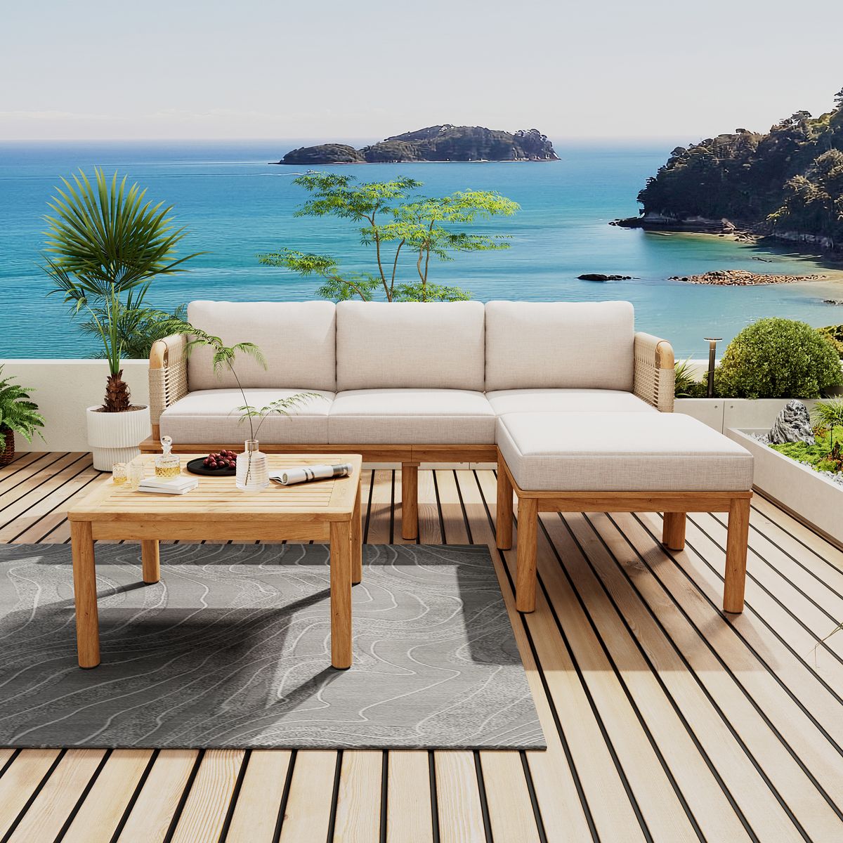 3-Piece Acacia Wood and Rope Sofa Set — view 2