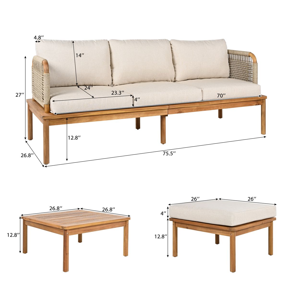 3-Piece Acacia Wood and Rope Sofa Set — view 3