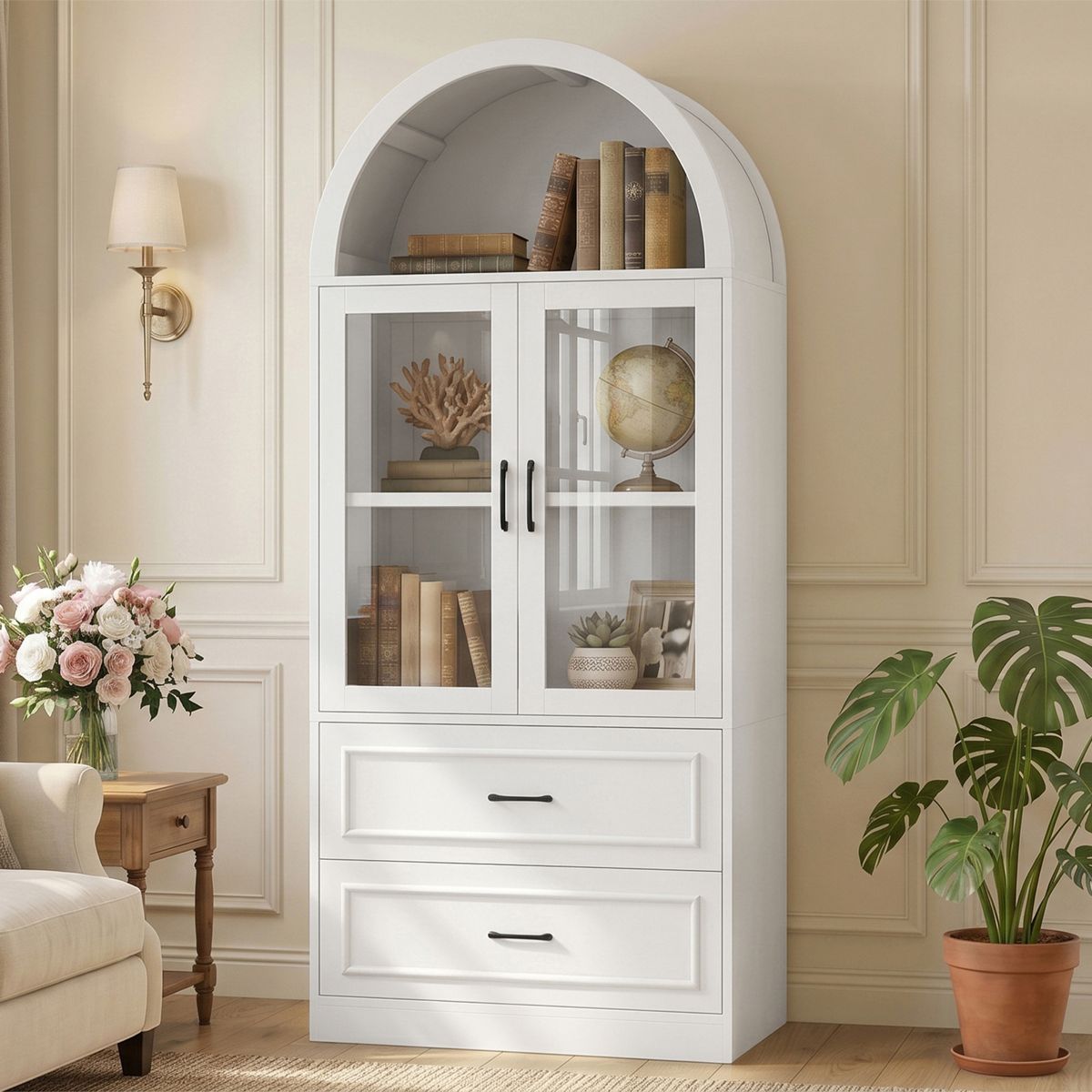 Arched Storage Cabinet with Glass Doors