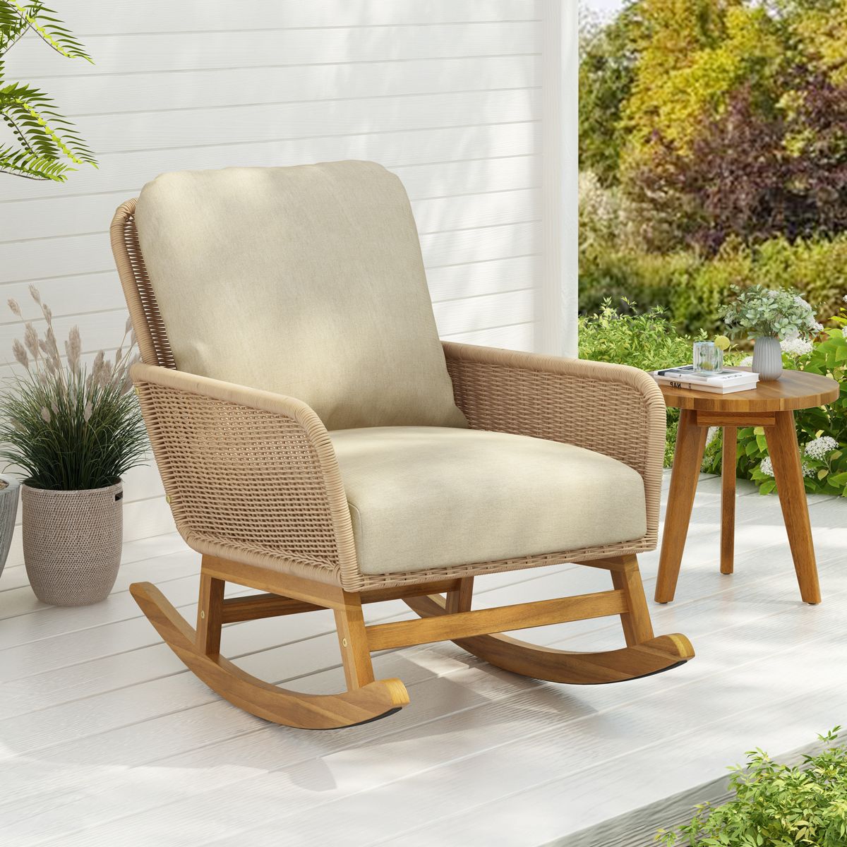 Wicker Rocking Chair with Wooden Frame