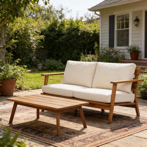 Mid-Century Acacia Loveseat and Coffee Table Set