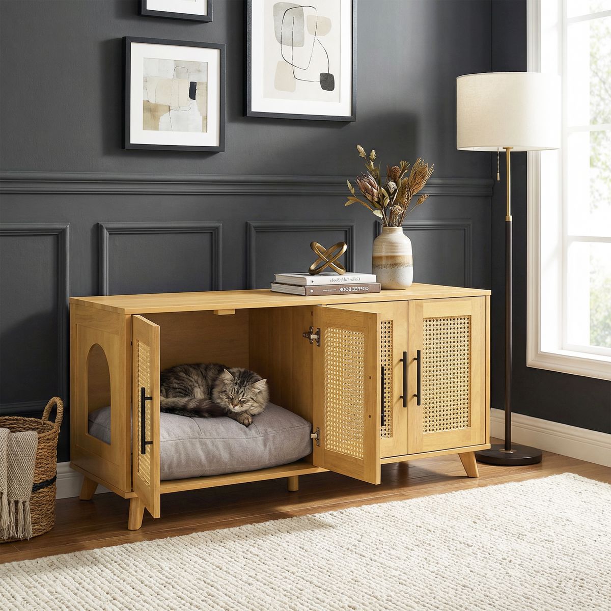 Rubber Wood Cat Cabinet with Plush Cushion — view 2