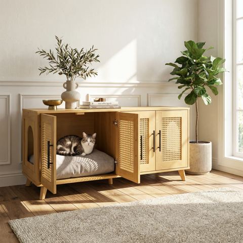 Rubber Wood Cat Cabinet with Plush Cushion