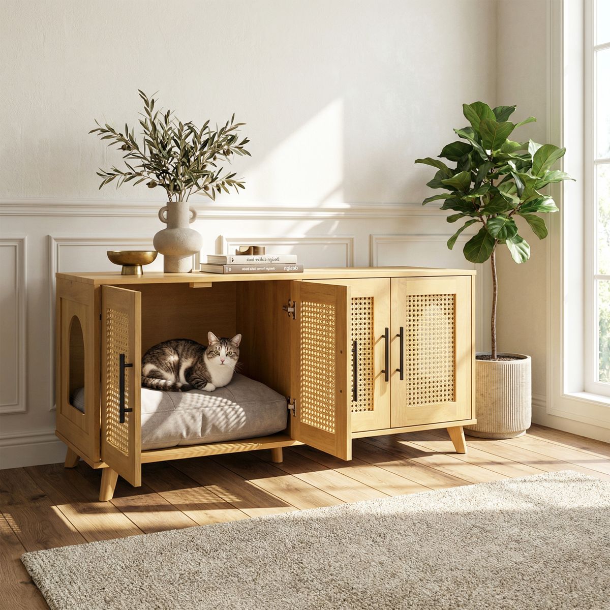Rubber Wood Cat Cabinet with Plush Cushion