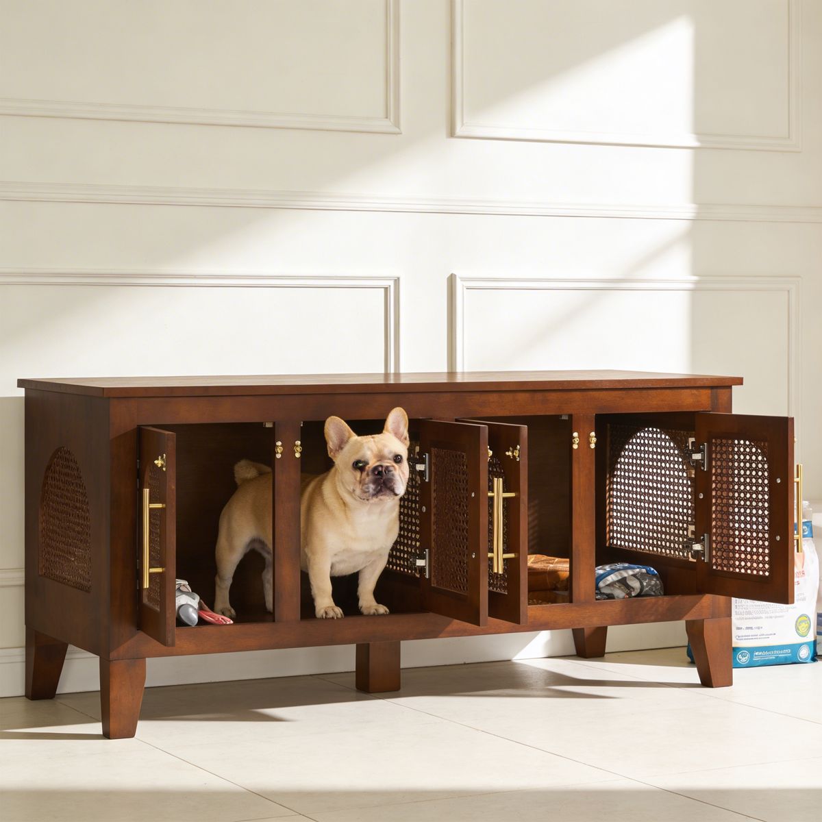 Rubber Wood Dog Crate Cabinet with Rattan Doors — view 2