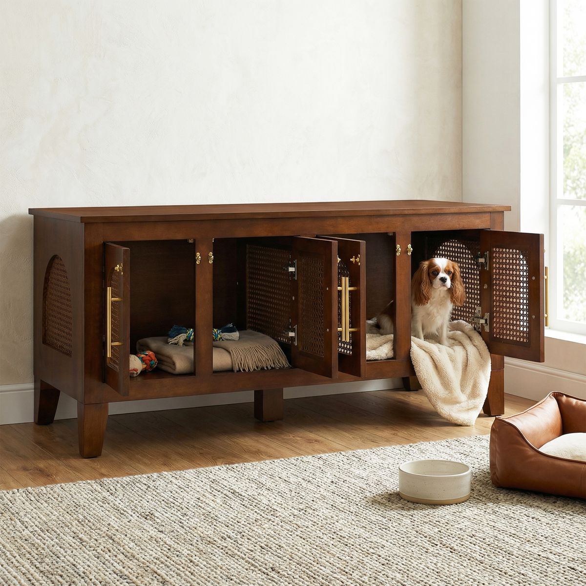 Rubber Wood Dog Crate Cabinet with Rattan Doors