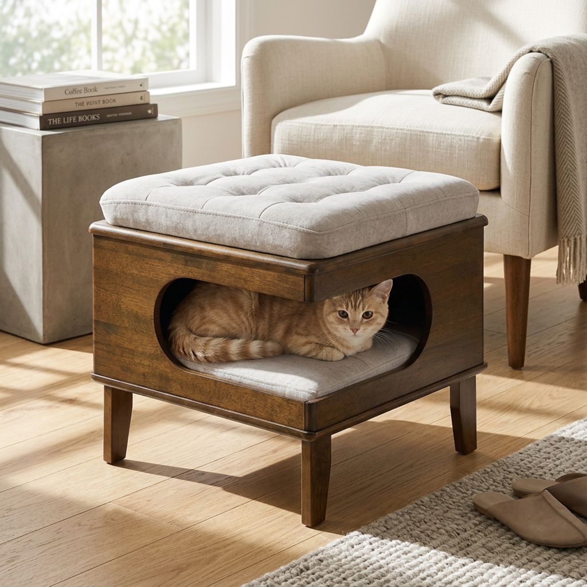 Tufted Ottoman with Hidden Cat Cave