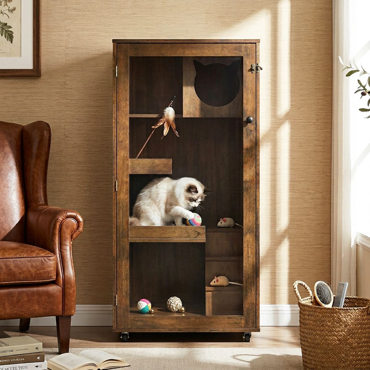 Rubber Wood Cat Cabinet on Wheels, Brown Oak — view 2