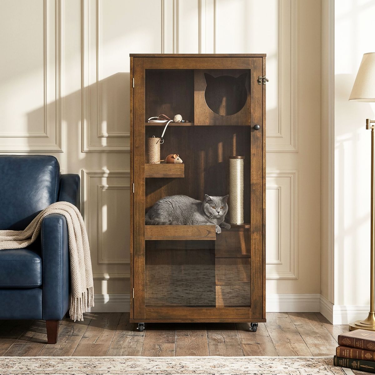 Rubber Wood Cat Cabinet on Wheels, Brown Oak — view 3