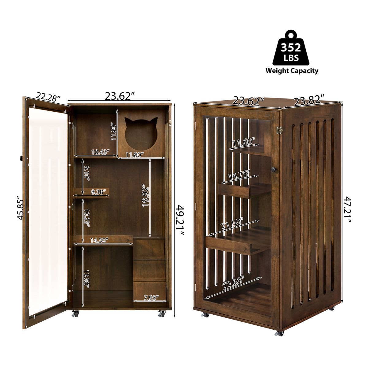 Rubber Wood Cat Cabinet on Wheels, Brown Oak — view 4