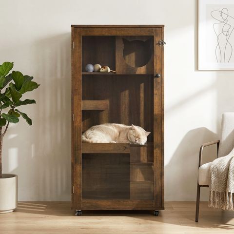 Rubber Wood Cat Cabinet on Wheels, Brown Oak