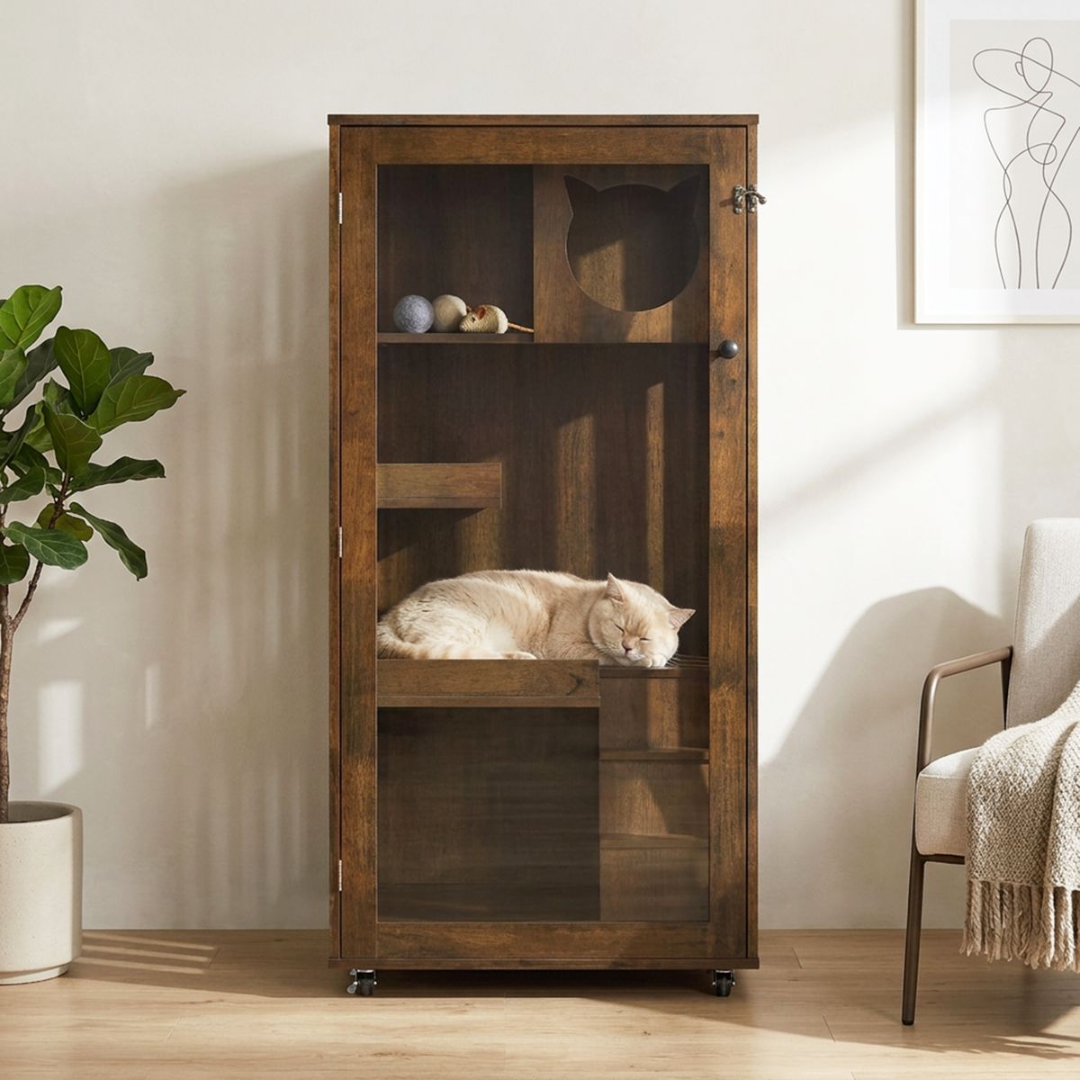 Rubber Wood Cat Cabinet on Wheels, Brown Oak