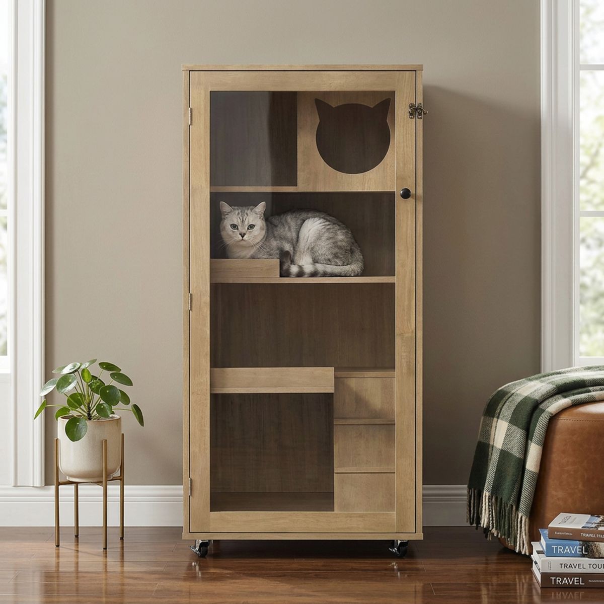 Rubber Wood Cat Cabinet on Wheels, Natural — view 2