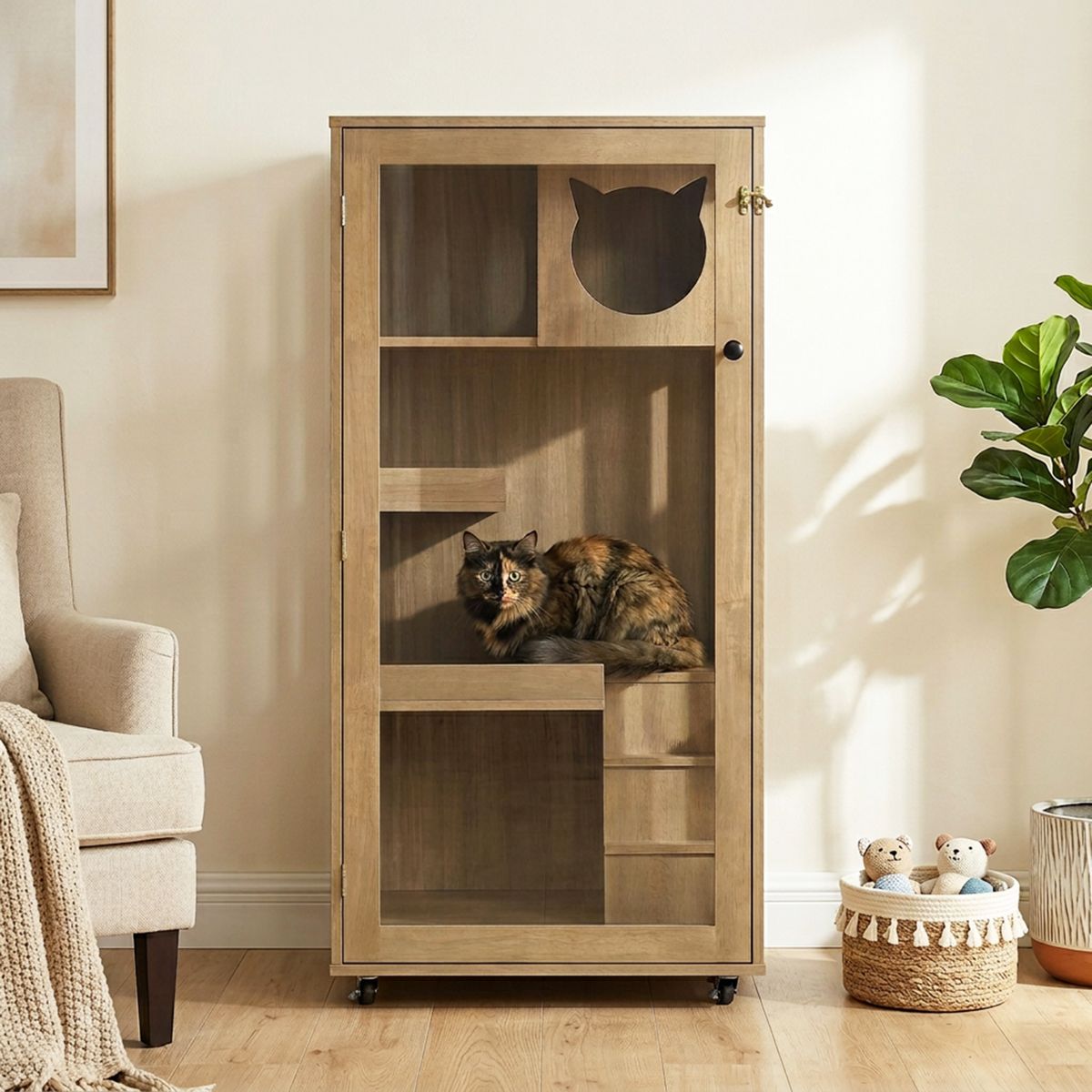 Rubber Wood Cat Cabinet on Wheels, Natural — view 3