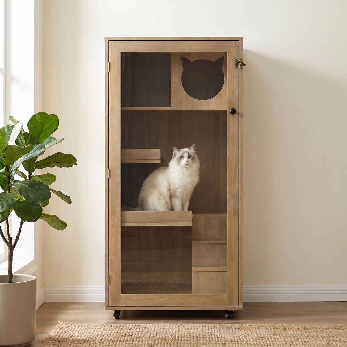 Rubber Wood Cat Cabinet on Wheels, Natural — view 4
