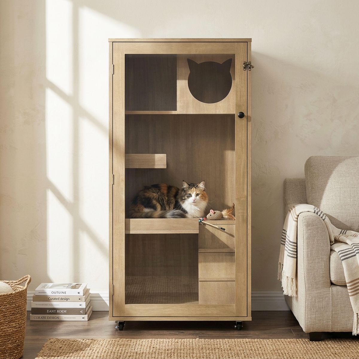 Rubber Wood Cat Cabinet on Wheels, Natural