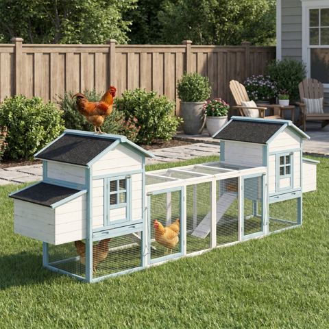 Fir Wood Chicken Coop with Two Nesting Houses
