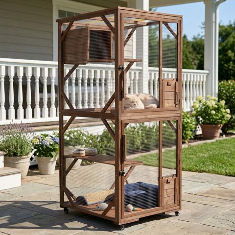 2-Tier Fir Cat Enclosure on Lockable Wheels