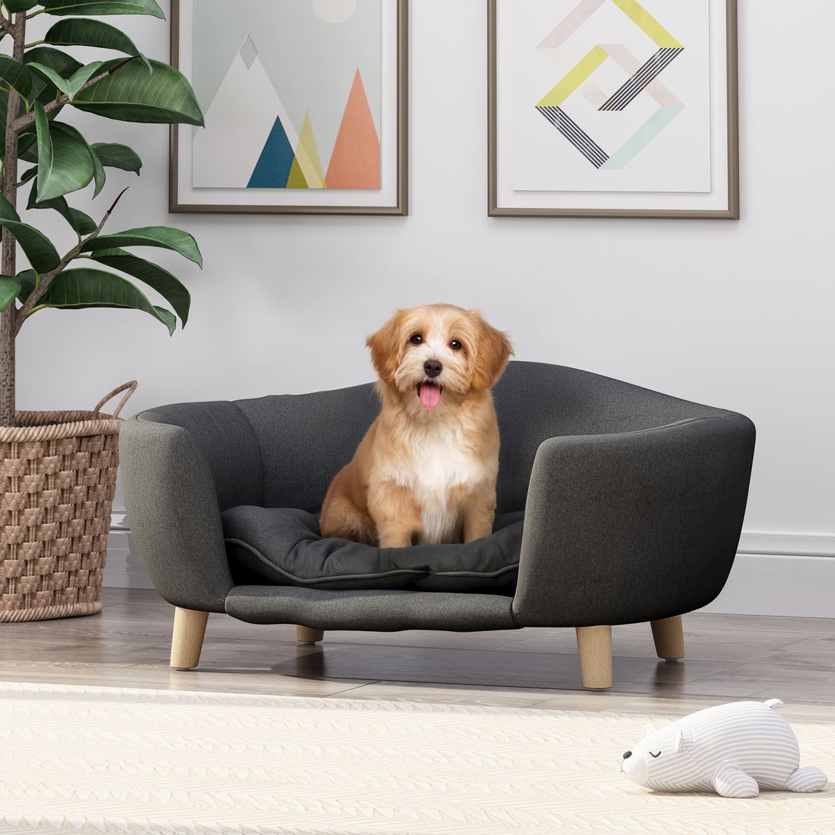 Elevated Fabric Dog Couch with Rubber Wood Legs