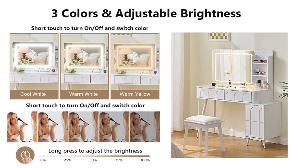 Fluted 4-Drawer LED Vanity Desk with Stool — view 2