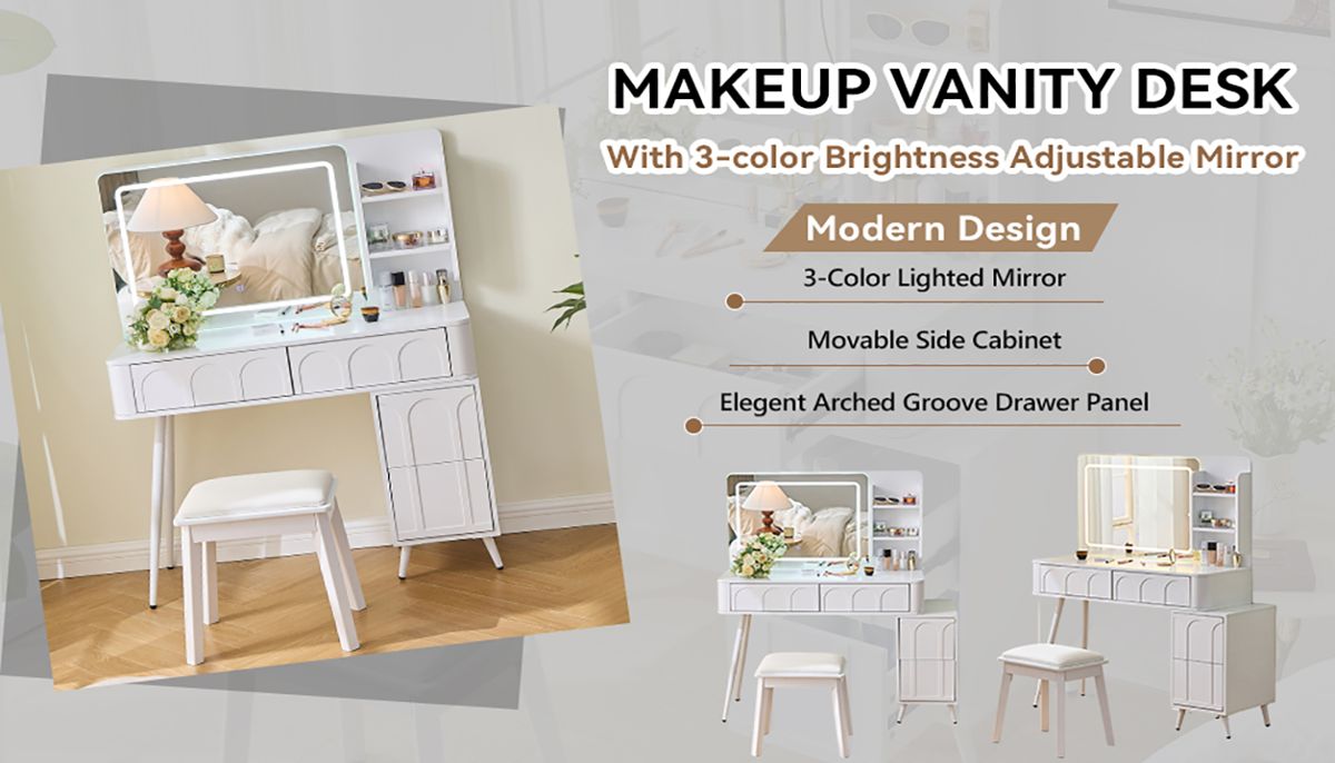 Fluted 4-Drawer LED Vanity Desk with Stool — view 4