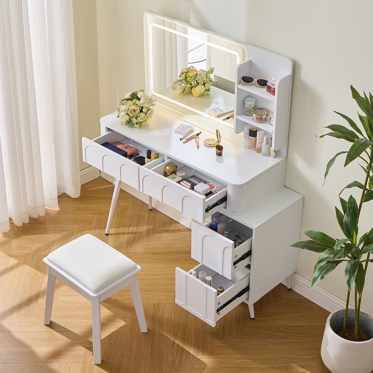 Fluted 4-Drawer LED Vanity Desk with Stool