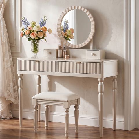 Round Mirror Vanity with 4 Drawers and Stool — view 1