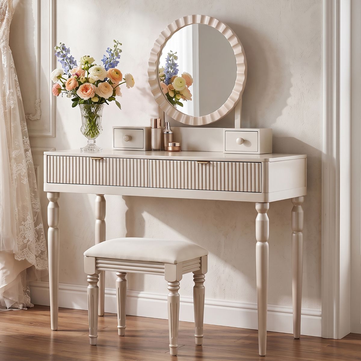 Round Mirror Vanity with 4 Drawers and Stool