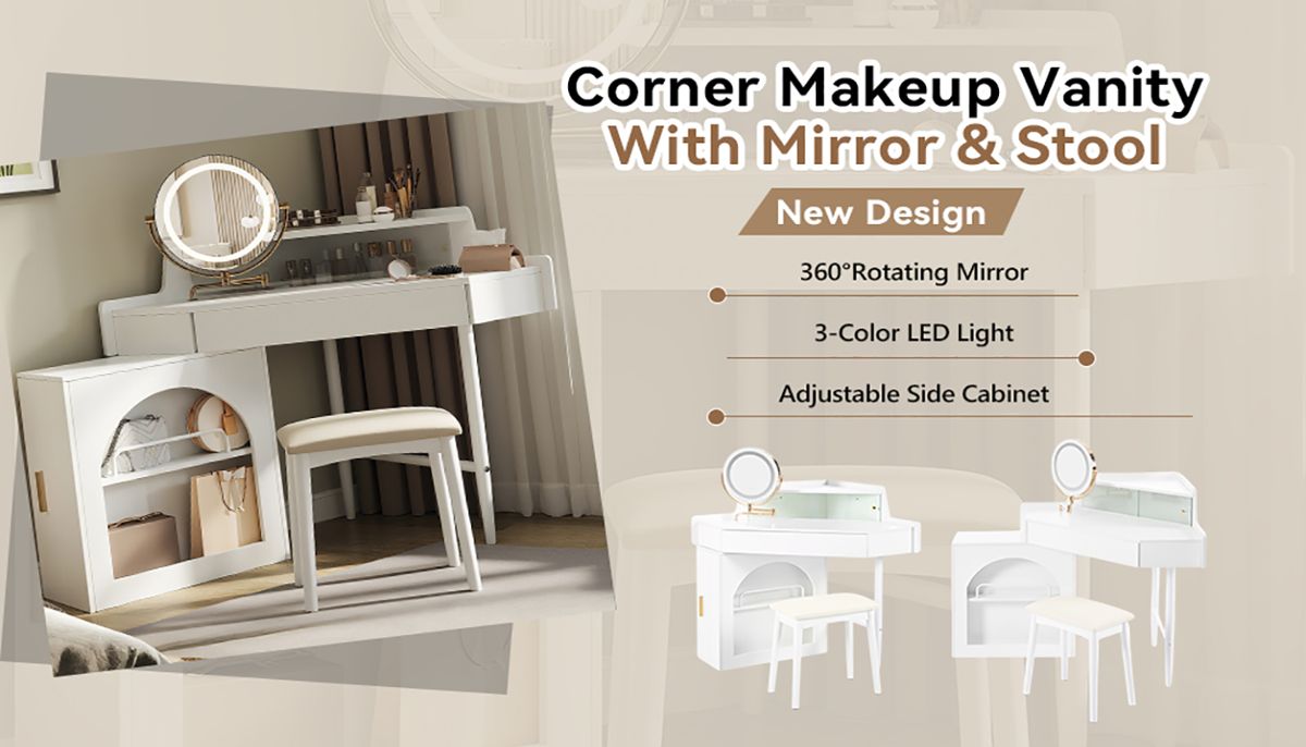 Corner Vanity Desk with Tri-Fold LED Mirror — view 2