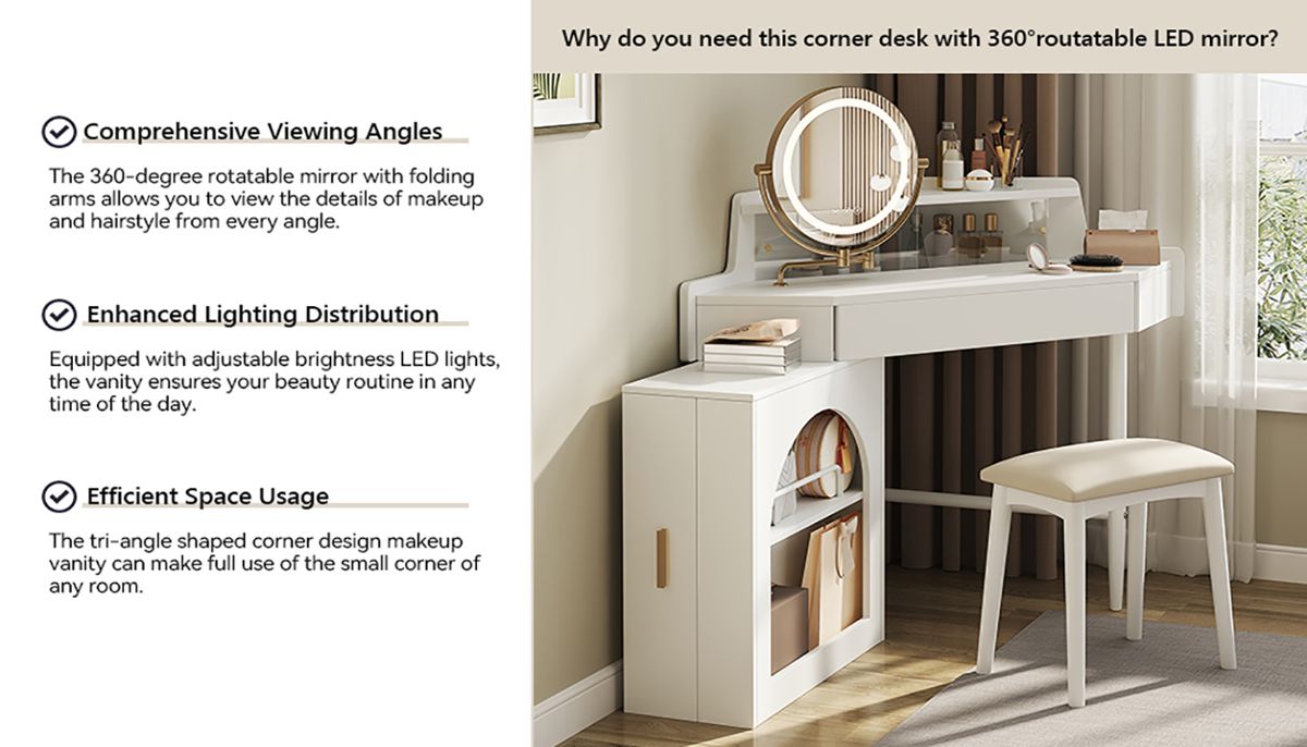 Corner Vanity Desk with Tri-Fold LED Mirror — view 3
