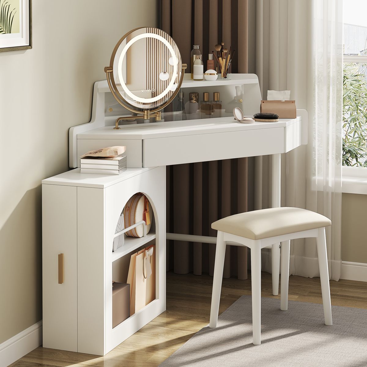 Corner Vanity Desk with Tri-Fold LED Mirror