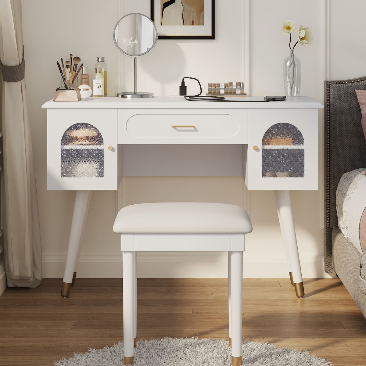 Vanity Table and Chair Set with Charging Port