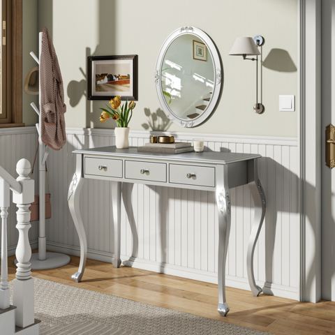 3-Drawer Vanity Desk with Carved Oval Mirror