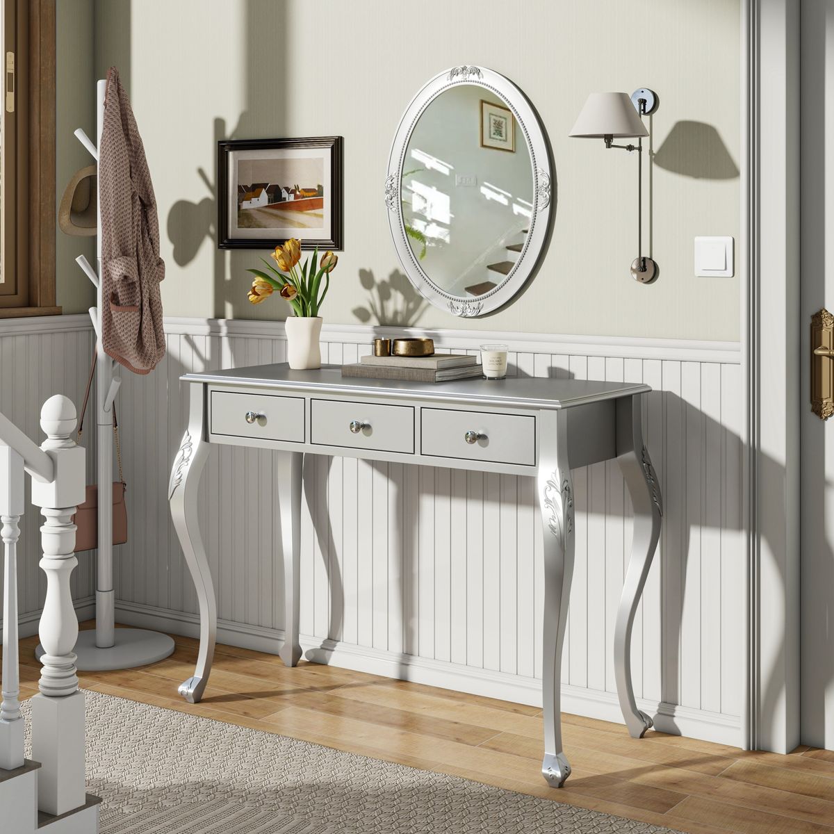 3-Drawer Vanity Desk with Carved Oval Mirror