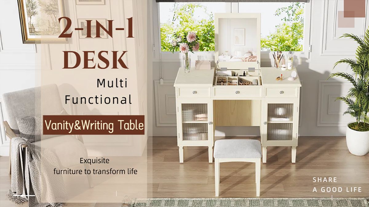 2-in-1 Flip-Top Mirror Vanity Desk and Stool — view 2