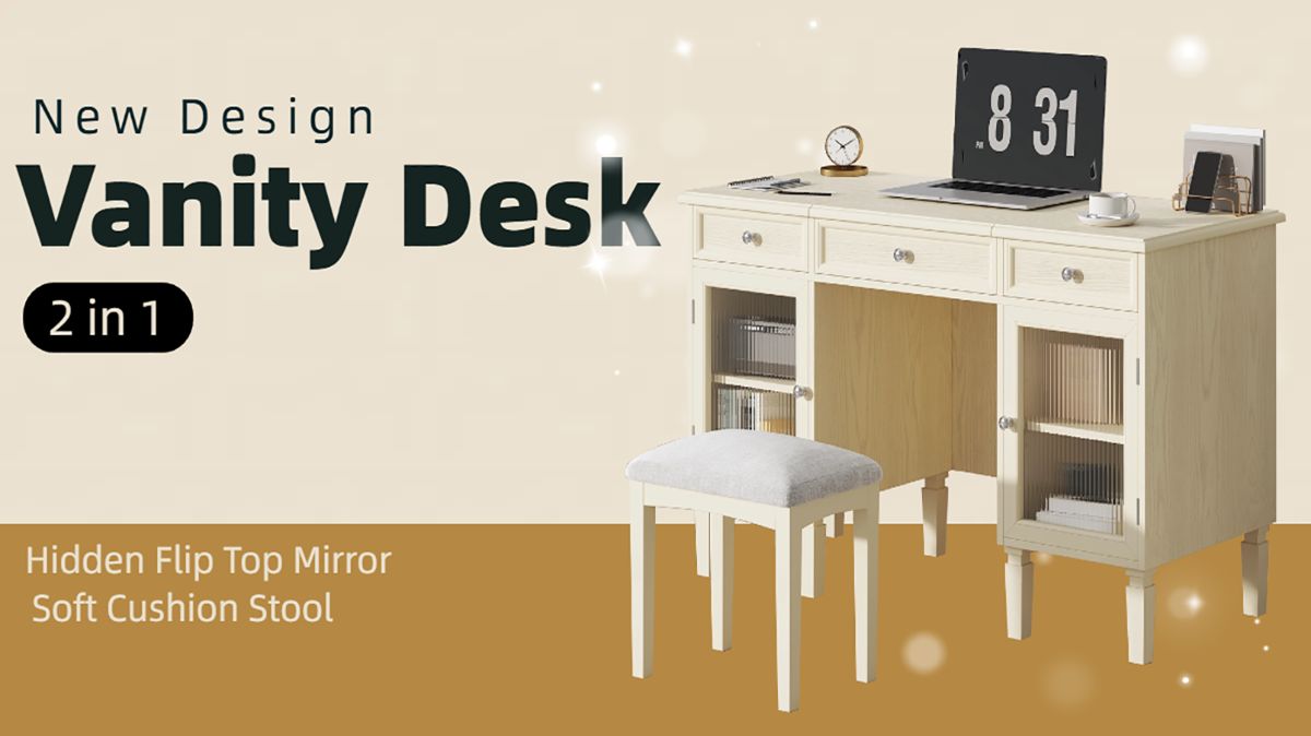 2-in-1 Flip-Top Mirror Vanity Desk and Stool — view 3